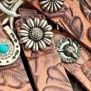 Brown Tooled Leather Bag Charm Keychains Silver Sunflower